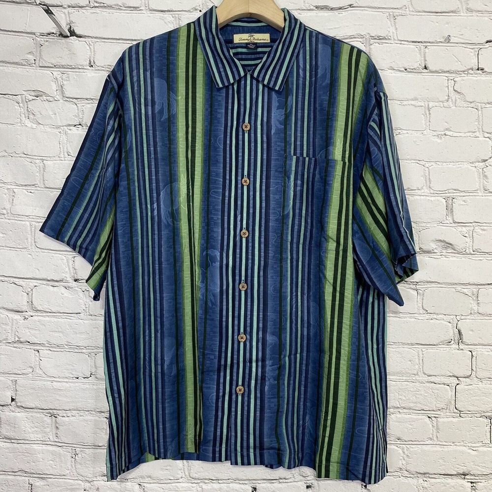 Tommy Bahama Relax Men's Silk Blue Striped Hawaiian Shirt Size XL Crab Print